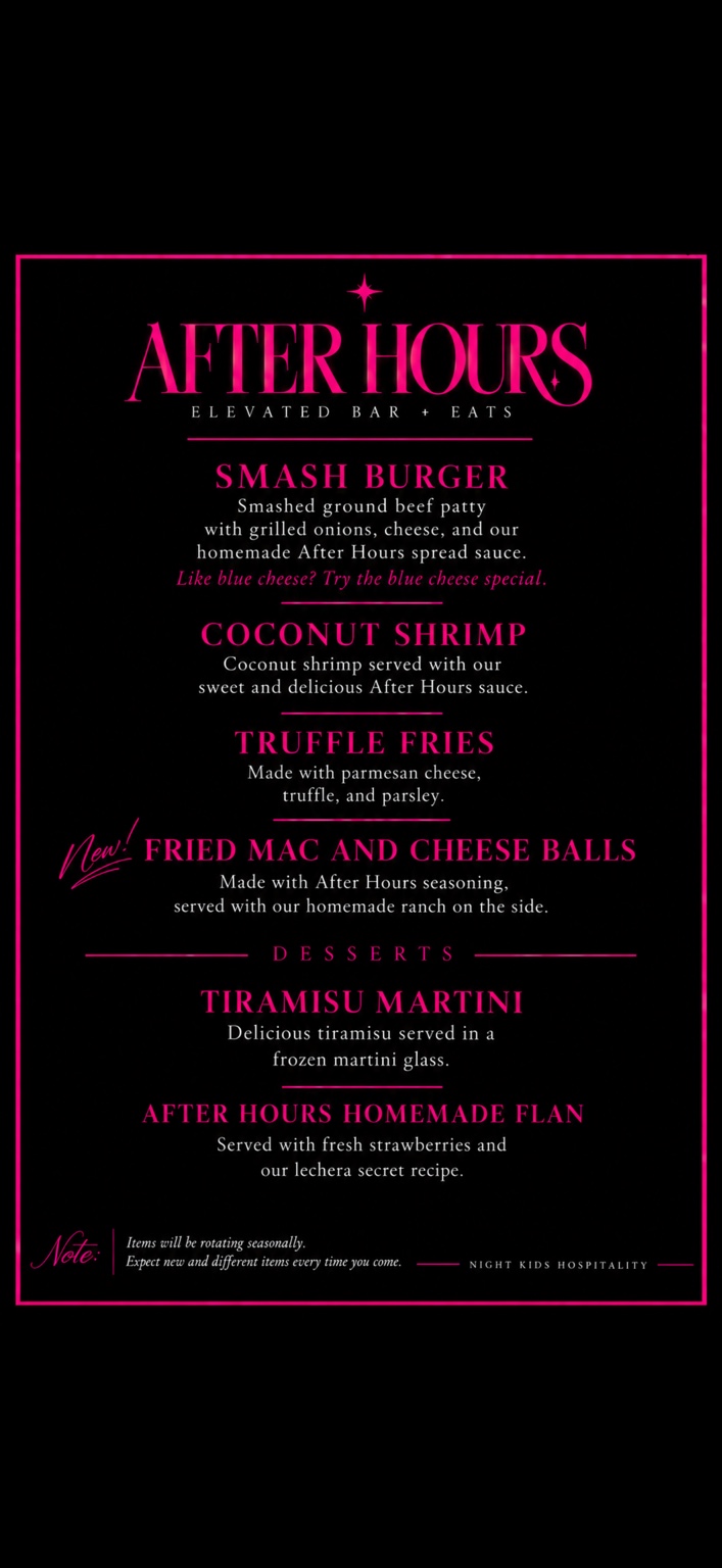 After Hours printed food menu. All six dishes and descriptions are listed above.